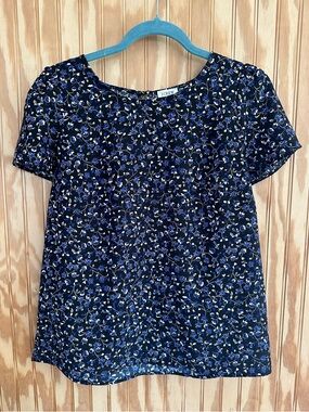 J. Crew Black Short Sleeve Floral Top with Blue & White Accents-